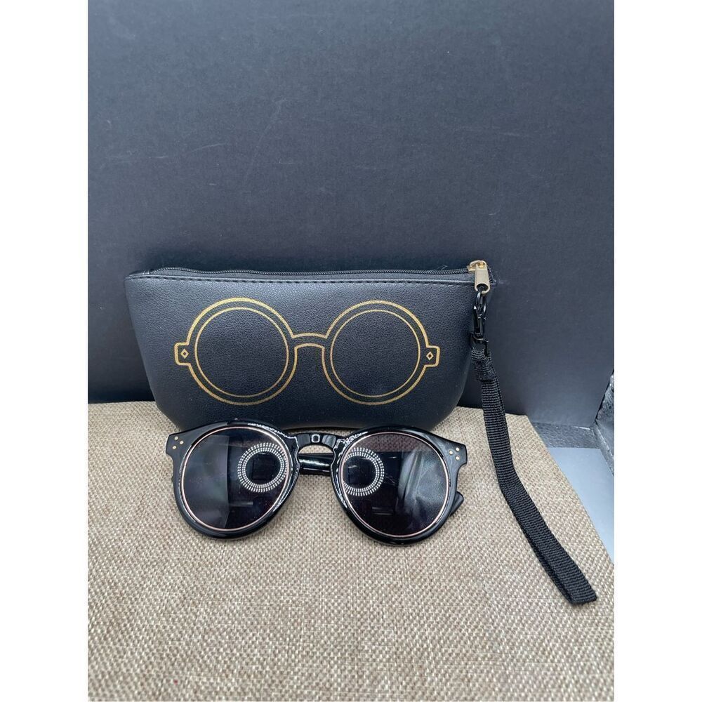 New Women's Emma Round Lens Style Sunglasses w/ Soft Case Black and Gold